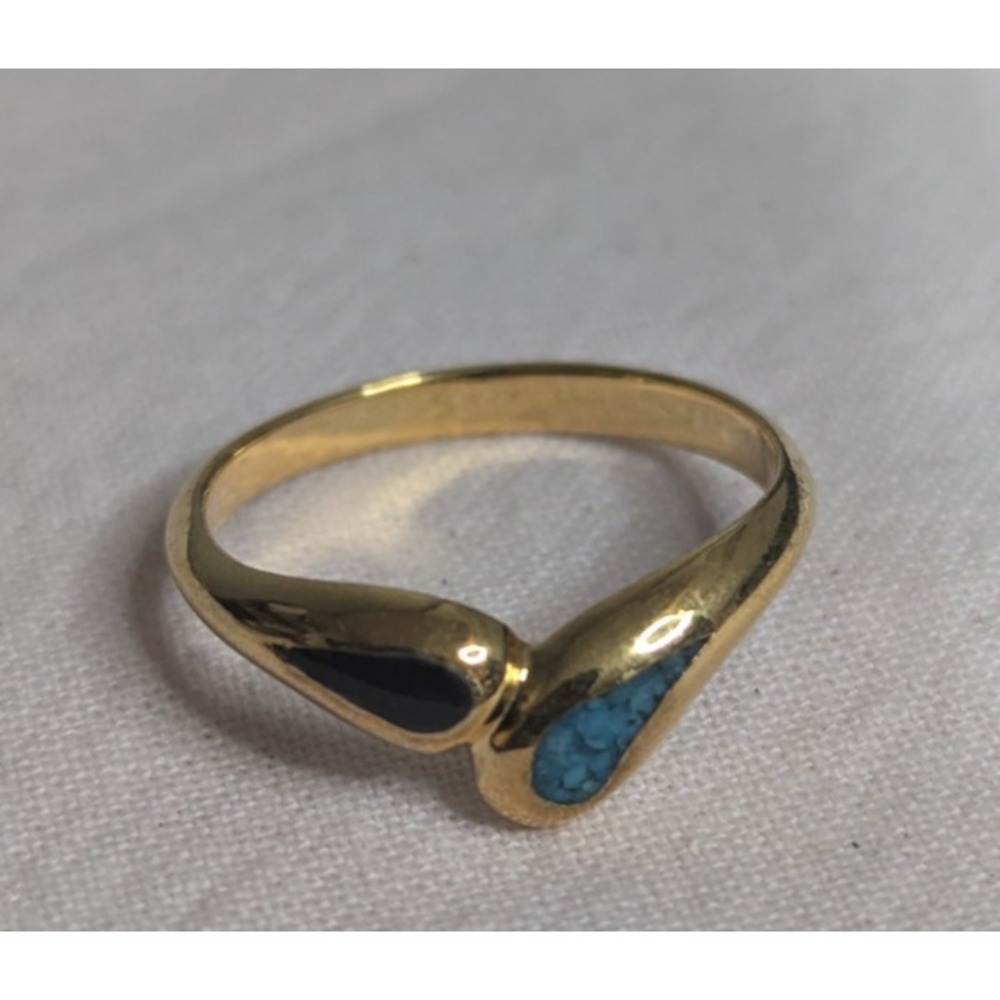 Connecting Teardrop turquoise black inlay Womens gold ring‎ size 8 unisex mens